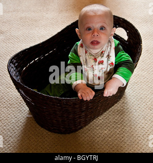Baby boy (otto mesi) giocando in un cestello Foto Stock
