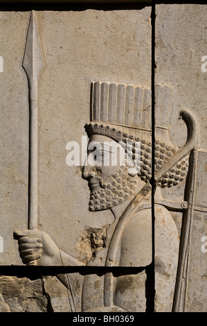 IRAN, Persepolis , Takht-e Jamshid ,il cerimoniale di capitale dell'Impero Achemenide (ca. 550-330 BCE), soldato persiano. Foto Stock