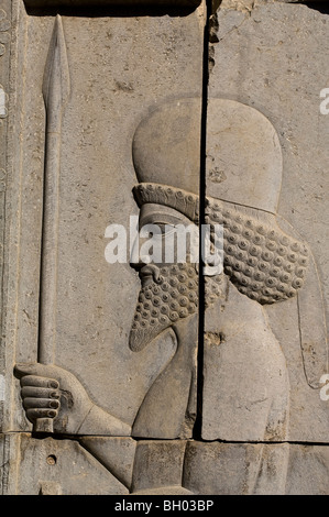 IRAN, Persepolis , Takht-e Jamshid ,il cerimoniale di capitale dell'Impero Achemenide (ca. 550-330 BCE), soldato mediano Foto Stock