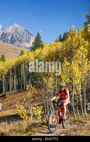 In mountain bike lungo il bordo superiore ed inferiore del Loop, Crested Butte, Colorado. (Modello rilasciato) Foto Stock