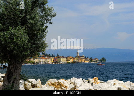 Vista sul lago di Garda alla città vecchia, Salo, Lombardia, Italia Foto Stock