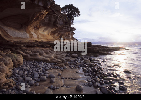 Dipinto di scogliere al tramonto, Maria Island National Park, la Tasmania, Australia Foto Stock