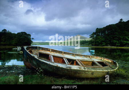 Piccola barca sulla riva di un lago in corrispondenza dell'anello di Beara, nella contea di Kerry, Irlanda, Europa Foto Stock