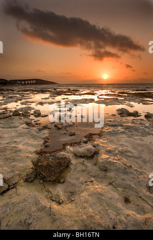 Sunrise over tidepools sui combustibili Coral reef calcare, Bahia Honda, Florida Keys, Florida. Foto Stock