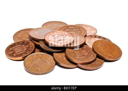 Pila di British uk GBP uno pence monete close up Foto Stock
