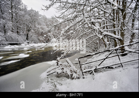 Snowy viale alberato di argini di fiumi e parzialmente Frozen River Foto Stock