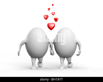 3D illustrazione di un carino coppia di caratteri egghead in amore tenendo le mani. Isolato su sfondo bianco. Foto Stock