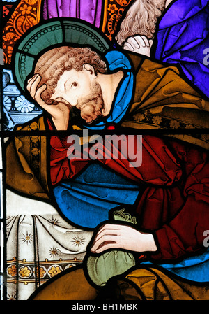 Una vetrata raffigurante Giuda Iscariota nell Ultima Cena, Chiesa di Tutti i Santi, Allesley, Coventry Foto Stock