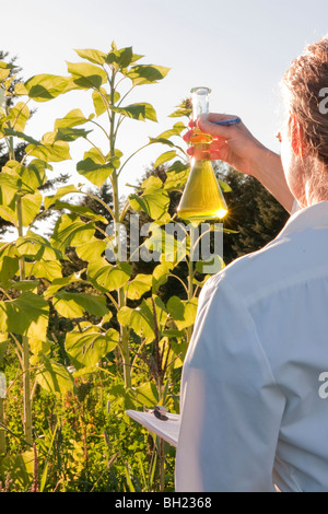 Donna scienziato holding becher, Manitoba, Canada Foto Stock