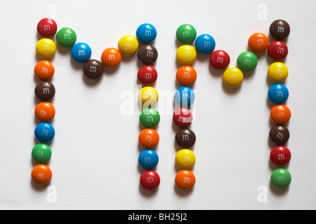 Choco M&Ms dolci disposti in due lettera Ms Foto Stock