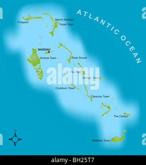 Una mappa stilizzata che mostra le isole delle Bahamas come pure diverse città. Foto Stock