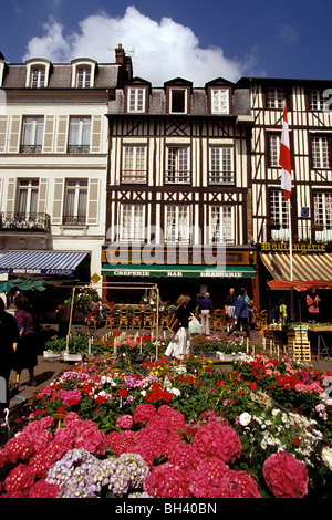 Il mercato dei fiori, LA RUE DE LA REPUBLIQUE, PONT-AUDEMER, Eure (27), in Normandia, Francia Foto Stock