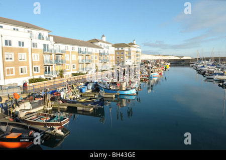 La pesca barche e yacht legato in Brighton Marina sulla costa sud dell'Inghilterra. Foto Stock