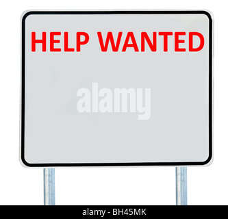 Un 'Help Wanted' segno isolato su bianco. Foto Stock