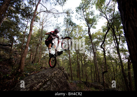 Una sperimentazione pilota salti su una roccia a Toohey foresta, Brisbane, Queensland, Australia. Foto Stock