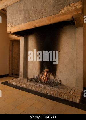 Legno fuoco che arde nel caminetto del XVII secolo. Ulvenhout, Noord Brabant, Paesi Bassi Foto Stock