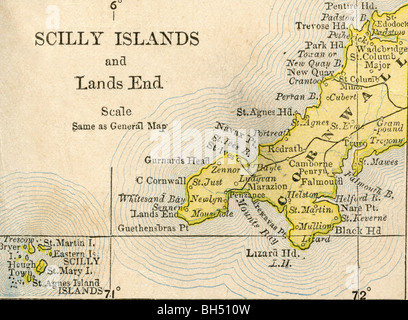 Mappa vecchia delle Isole Scilly originali dalla geografia textbook, 1884 Foto Stock