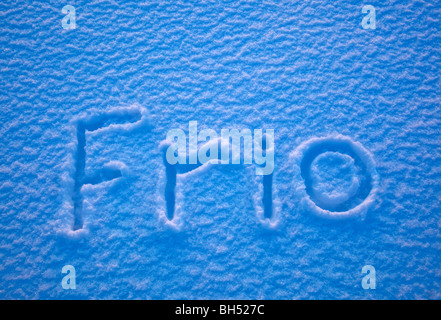 La parola spagnola per il freddo - Frio - enunciato nella neve Foto Stock