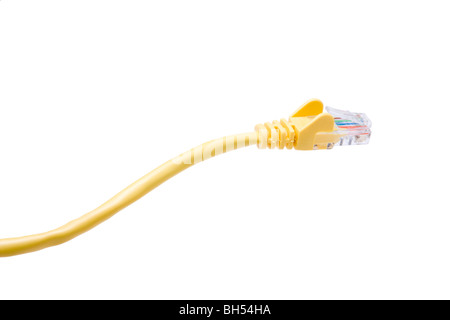 Cavo di rete giallo stampato con spina RJ45 isolata contro uno sfondo bianco. Foto Stock