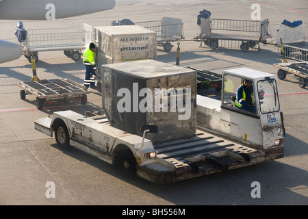 In materia di aviazione. Personale di terra presso l'Aeroporto Internazionale di Francoforte fra Lufthansa di manipolazione e Jettainer AKE LD3 ULD ai contenitori di carico. Foto Stock