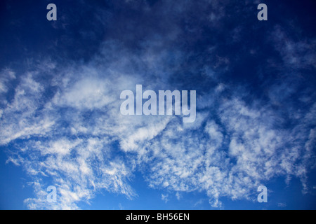 White Wispy Cirrus alto nuvole profondo cielo blu Foto Stock