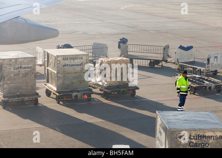 In materia di aviazione. Personale di terra dell'aeroporto di Francoforte fra Lufthansa di manipolazione e Jettainer AKE LD3 ULD container e pallet. Foto Stock