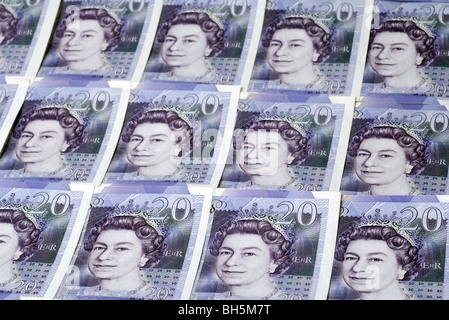 Righe di British venti pound note Foto Stock