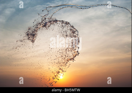 Gettato acqua contro il tramonto. Andhra Pradesh, India Foto Stock