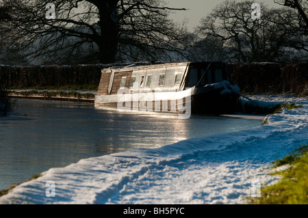 Restringere la barca ormeggiata su congelati Llangollen Canal a Ellesmere, Shropshire, Inghilterra Foto Stock