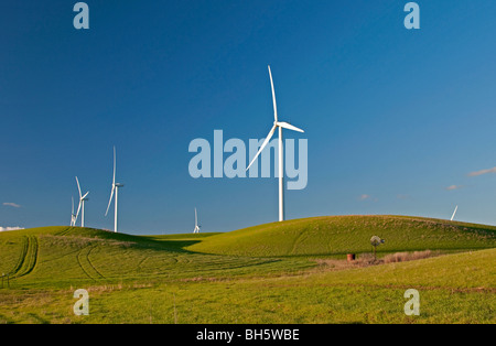 Shiloh II progetto eolico contrastato con un windpump per bestiame. La città più vicina è Rio Vista, California. Foto Stock