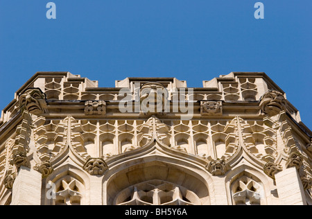 Grottesche e la parte superiore della torre, Wills Memorial Building, Strada della Regina dell'Università di Bristol, Clifton, Bristol, Inghilterra. Foto Stock