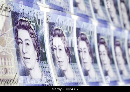 Righe di British venti pound note Foto Stock