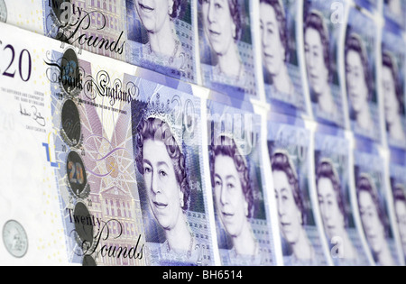 Righe di British venti pound note Foto Stock