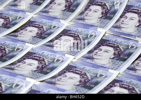 Righe di British venti pound note Foto Stock
