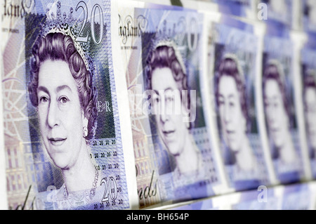 Righe di British venti pound note Foto Stock
