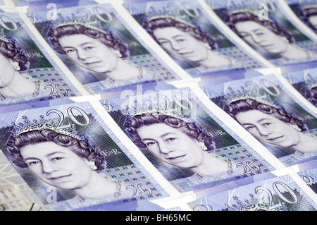 Righe di British venti pound note Foto Stock