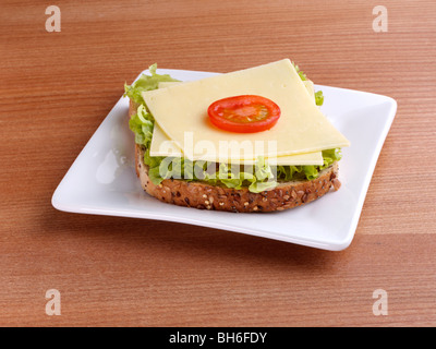 Aprire il panino al formaggio, su una piastra bianca Foto Stock