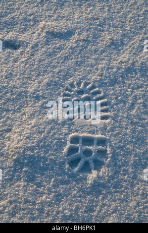 dh SFONDO NEVE stivaletto da passeggio con footprint da neve stampa dei piedini a gradini con texture del pattino mark Foto Stock