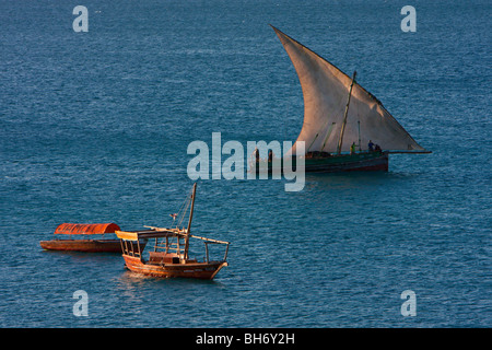 Zanzibar, Tanzania. Dhow in porto, vele latine. Foto Stock