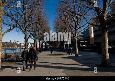 La gente a piedi attraverso un viale di alberi sulla South Bank di Londra. Foto di Gordon Scammell Foto Stock