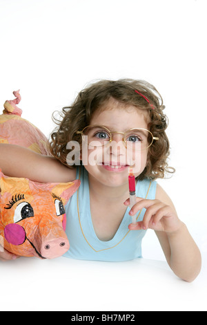 Bambina fingendo di essere un veterinario con un maiale, influenza AH1N1 Foto Stock
