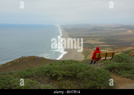 Donna affacciato sulla costa al Point Reyes National Seashore, California USA Foto Stock