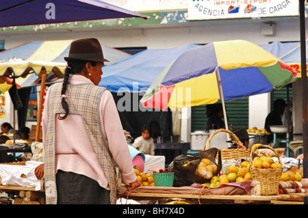 Ecuador, Otavalo, la vista di una donna che indossa un cappello nero e un grembiule a scacchi in piedi dietro un frutto in stallo, scelta di frutta in una Foto Stock