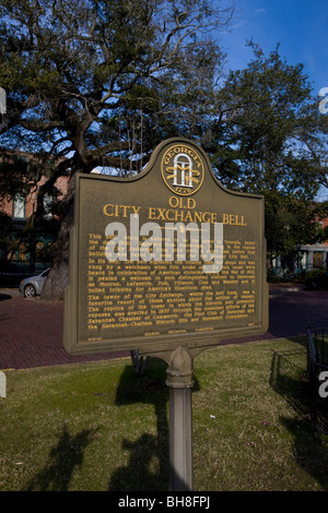 Città vecchia campana EXCHANGE Georgia marcatore storico, GA storia landmark Savannah Chatham County Stati Uniti d'America Foto Stock