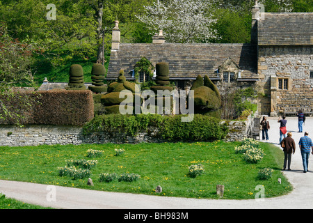 Giardiniere's Cottage e giardino a Haddon Hall di Bakewell, Derbyshire, Regno Unito. Mostra il daffodils topiaria da e. Foto Stock