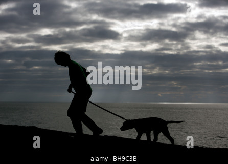 Ragazzo e cane singolo ragazzo adolescente con Labrador cucciolo Silhouette Chesil Beach, Dorset, Regno Unito Foto Stock