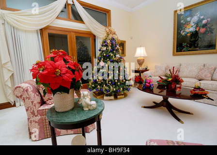 A tastefully decorated formal living room, decorated for the holiday season. Foto Stock
