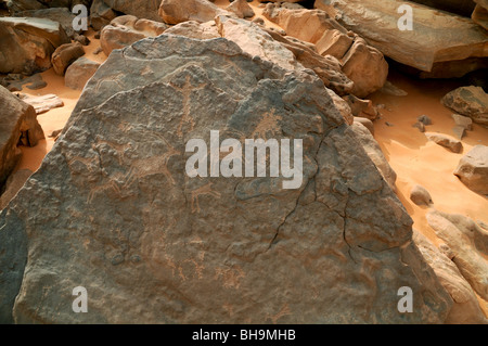 Il neolitico di arte rupestre di raffigurazioni di animali selvatici a Wadi Hamra nel Gilf Kebir regione del deserto occidentale di Egitto, Sahara in Nord Africa. Foto Stock