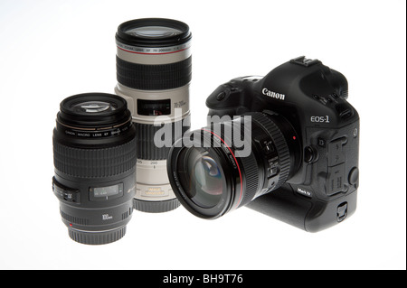 Canon EOS 1D professionale MkIV fotocamera reflex digitale con 2010 24-105mm zoom, 100mm lenti macro e 70-200mm zoom telelphoto Foto Stock