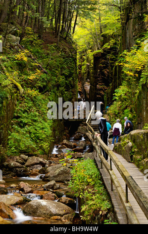 I turisti escursioni attraverso il Flume Gorge in Franconia Notch State Park in Grafton County, New Hampshire Foto Stock